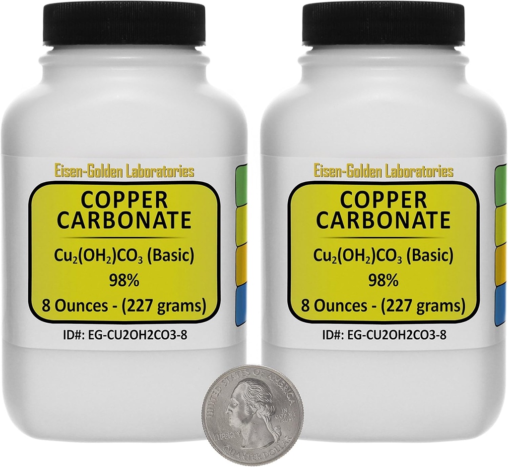 Copper Carbonate [Cu2(OH) 2CO3] 98% AR Grade Powder 1 Lb en dos botellas de ahorro de espacio EE.UU.