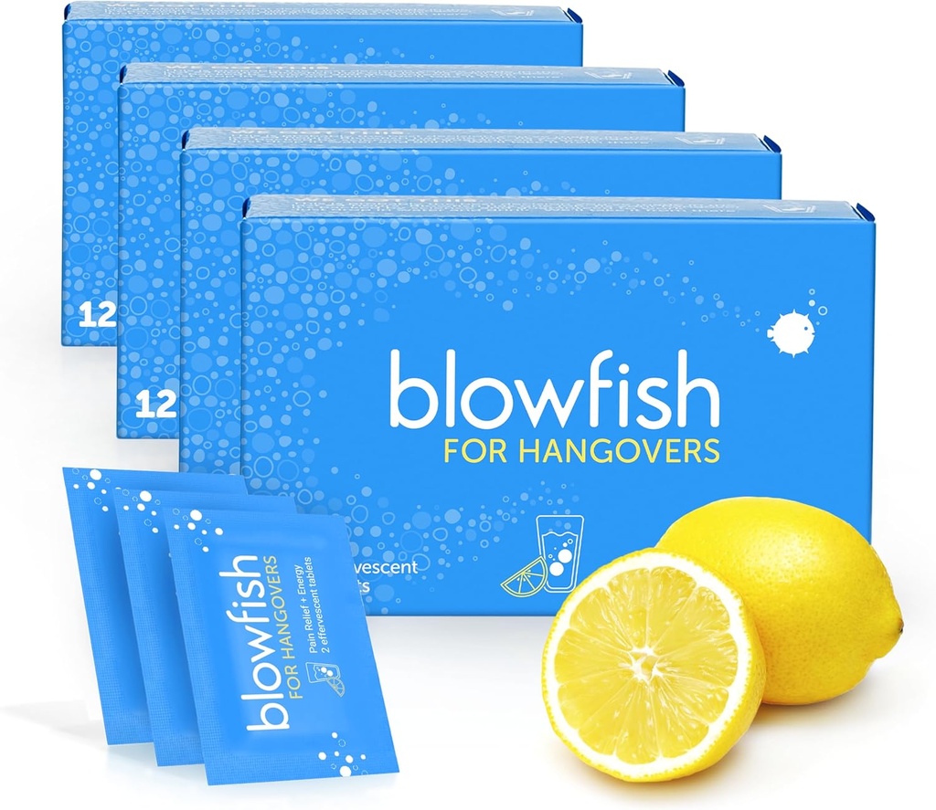 Blowfish for Hangovers ¦ Fast, Effective Hangover Relief ← Trabaja en 15 minutos ← Hidratos, Alivia el dolor de cabeza y Boost Energy in One Step (4 Boxes)