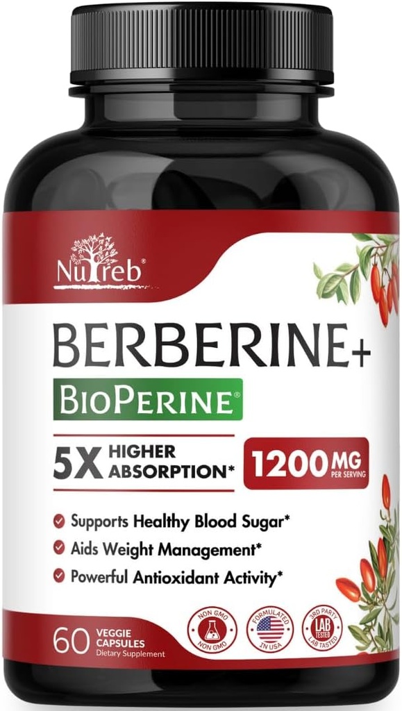 Beberine Suplemento 1200mg - 5X Absorción Superior - Ultra Pure 98% Berberine HCL - Gestión de peso saludable, Immune Support - Non GMO, Manufactured in USA - 60 Vegan Capsules