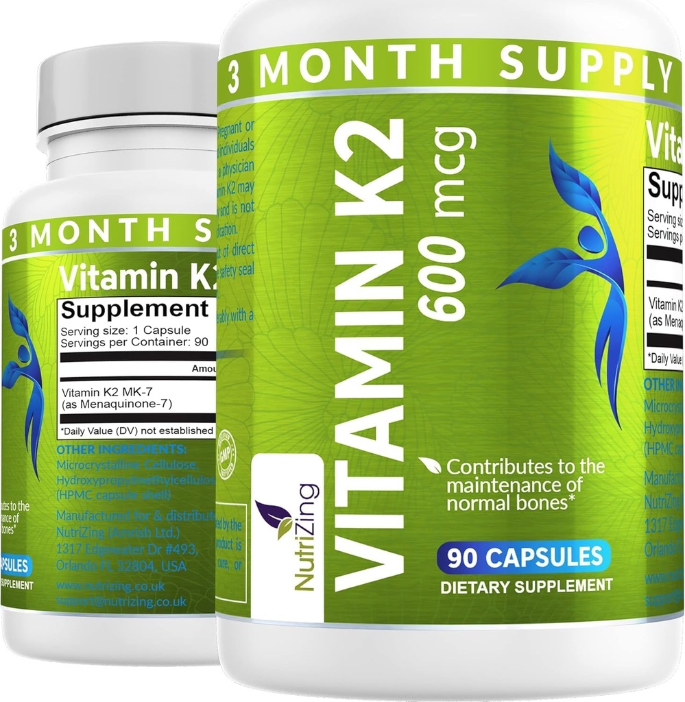 NutriZing K2 Vitamin Supplement MK-7 - High Strength 600mcg - Supports Bone & Arterial Health - 90 cápsulas veganos - Vitamina K2 for Men &amp; Women - 3 Month Supply