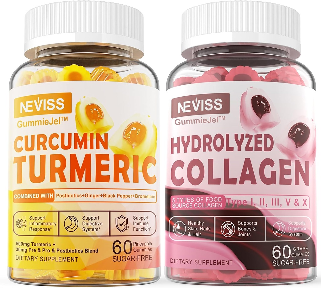 Collagen libre de azúcar Gummies llenadas + azúcar libre de turcuminas llenas de cigarros, para uñas de pelo de piel saludable, bonificación &amp; soporte conjunto, inmune &amp; salud digestiva