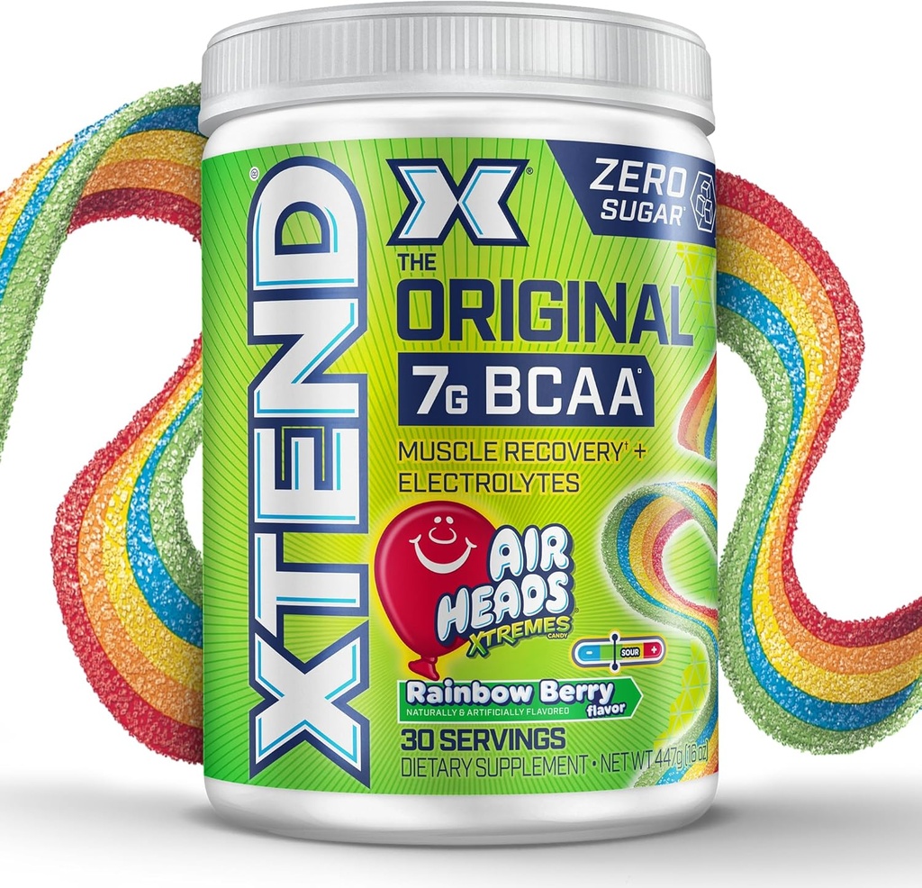 Xtend Original BCAA Powder Airheads Rainbow Berry Flavor, 7g BCAA y 2.5g L-Glutamina, Sugar Free Post Workout Muscle Recovery Drink with Amino Acids for Men &amp; Women, 30 Servings