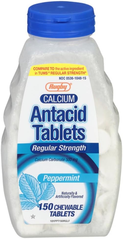 Rugby regular Strength Antacid Chewable Tablets - Hecho con 500 mg de Calcio Carbonato - Peppermint Flavor - 150 Conde
