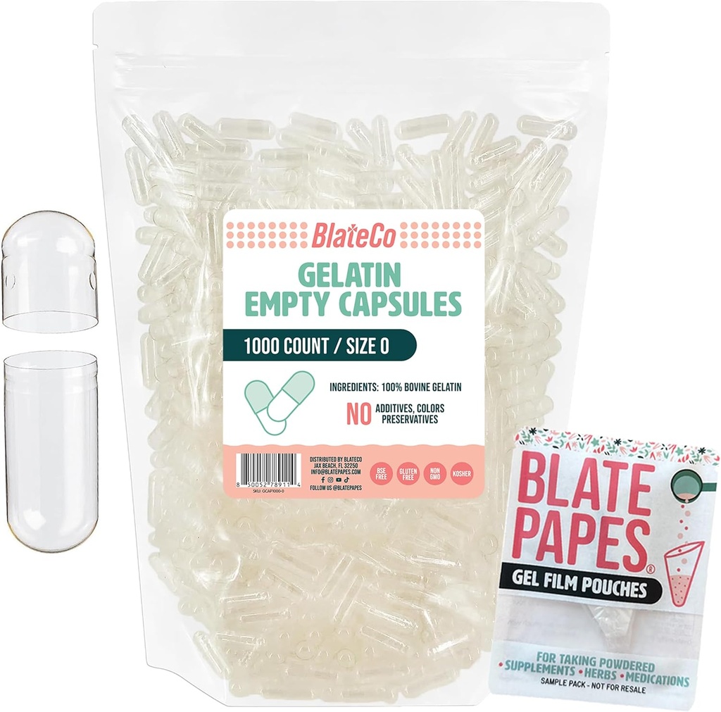 BlateCo Premium Size 0 Empty Gelatin Capsules, 1000 Conde (Clear) con Blate Papes® Gel Film Pouches - Nuevo, no GMO Fillable Pill Caps en una bolsa sellable - Nada Artificial, Ever.