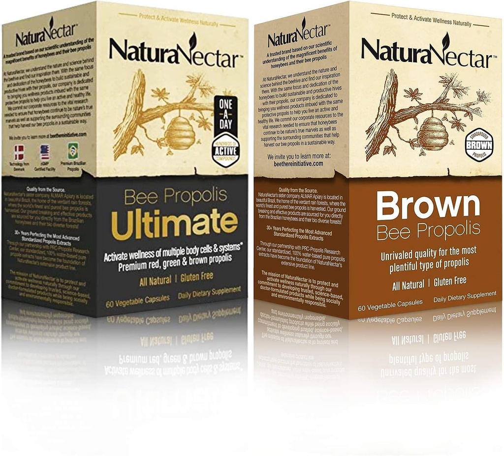 NaturaNectar Natural Bee Propolis Bundle – Bee Propolis Ultimate and Brown Bee Propolis - for Immune, Cardiovascular, and Respiratory Systems Support - 60 Capsules per Bottle