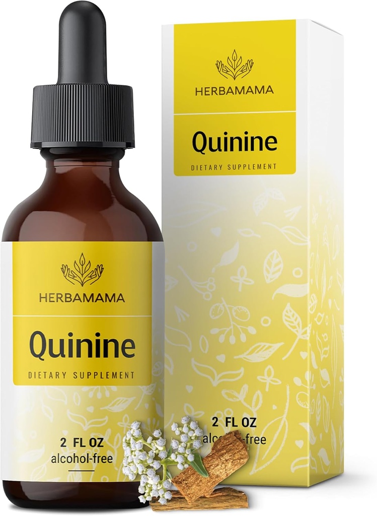 HERBAMAMA Quinine Drops for Leg Cramps - Vegan Cinchona Cramp Bark Tincture - Non-GMO, Alcohol &amp; Sugar-Free Quinine Liquid Supplement, 42-Day Supply