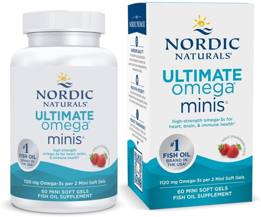 Nordic Naturals Ultimate Omega Minis, Flavor de Fresa - 60 Minis Soft Gels - 1120 mg Omega-3 - Suplemento de aceite de pescado de alta potencia - EPA & DHA - promueve la salud del cerebro y el corazón - 30 Servimientos