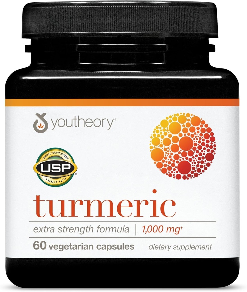 Youtheory Turmeric Extra Strength - 1,000 mg - Supports Brain, Muscle & Joint Health* - Contiene Bioenhancers, Curcuminoids & Herbal Extracts - USP Verified - 60 Vegetarian Capsules (30-Day Supply)