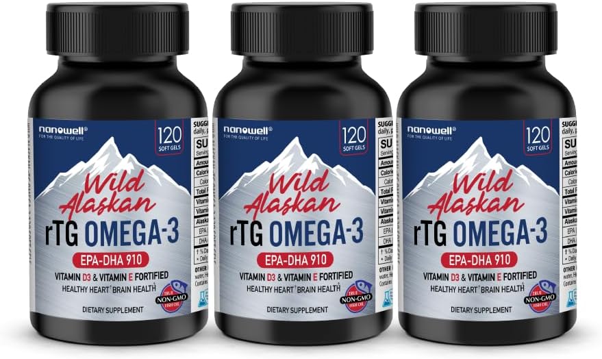 NANOWELL Wild Alaskan rTG Omega-3 Fish Oil 1196mg - EPA, DHA, Vitamina D3 &amp; E - 120 Softgels x 3 Botellas (360 Conde)