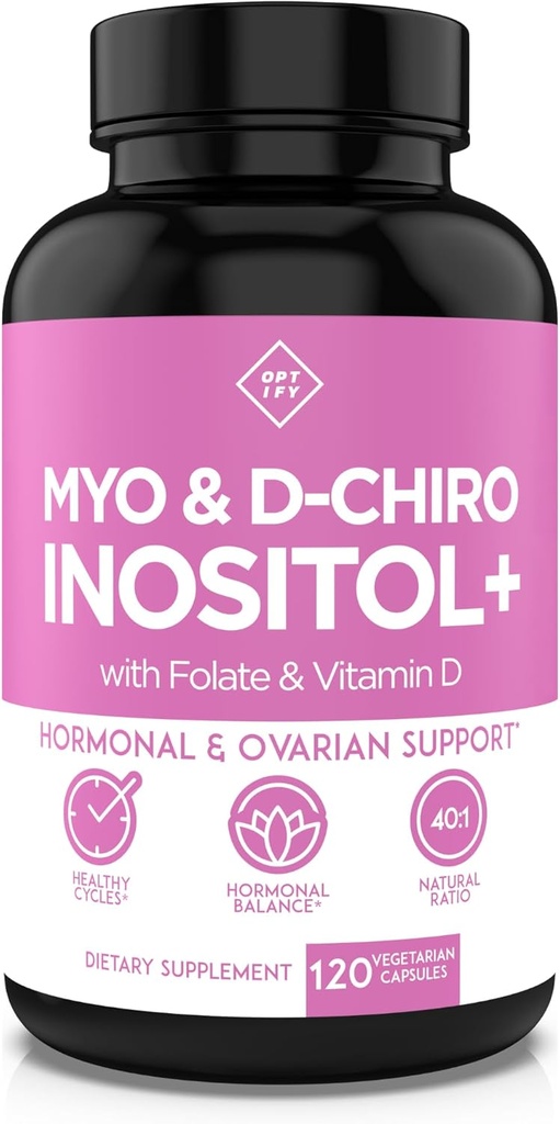 Optify Myo-Inositol & D-Chiro Inositol Suplemento para Mujeres – 40:1 Ratio Plus Folato y Vitamina D – Apoyo Saldo hormonal saludable, Ciclos regulares, Salud Ovárica – Suministro de 30 días