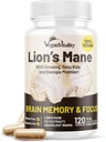 Vegan Vitality Lions Mane Supplement Capsules - Suplemento Nootropic Brain Support, Lions Mane Mushroom Extract Capsules - 120 Vegan Bacopa Monnieri, Gotu Kola, Ginseng