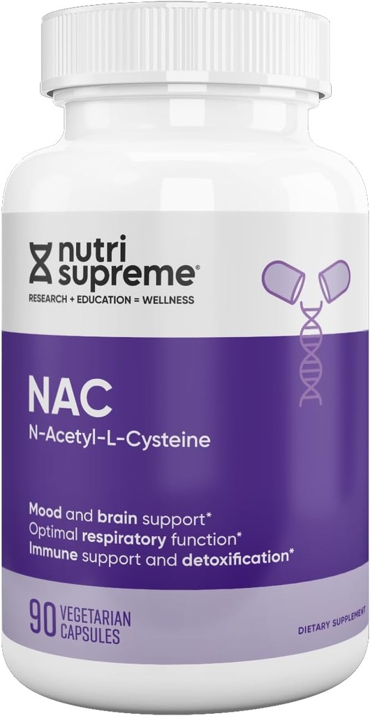 Nutri-Supreme NAC (N-Acetyl-L-Cysteine) 600mg Suplemento dietético cápsulas vegetarianas, soporte para hígados, apoyo inmunitario