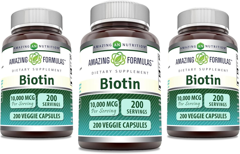 Fórmulas increíbles Biotin 10000 mcg Veggie Capsules ← Vitamina B7 Suplemento  Non-GMO TEN Gluten Free ← Made in USA (200 Count TEN 3 Pack)