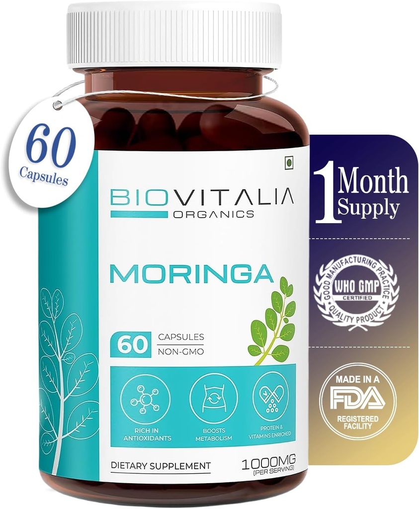 Biovitalia Moringa 1000mg ← Ayudante en la salud general y la bienestar TENIDO Immunity Booster TEN Boost Metabolism and Digestion ANTE Good for Skin &amp; Hairs - 60 Vegan Capsule