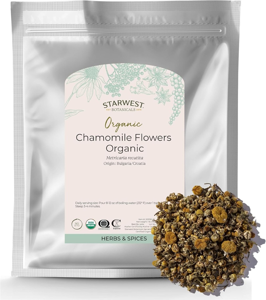 Starwest Botanicals Organic Chamomile Flowers Whole - Dried Loose Leaf Herb for Tea, Herbal Lotions, " Baking, Fuente de Croacia " Bulgaria, Certified Kosher, Non-GMO - Bulk 1 lb Bag