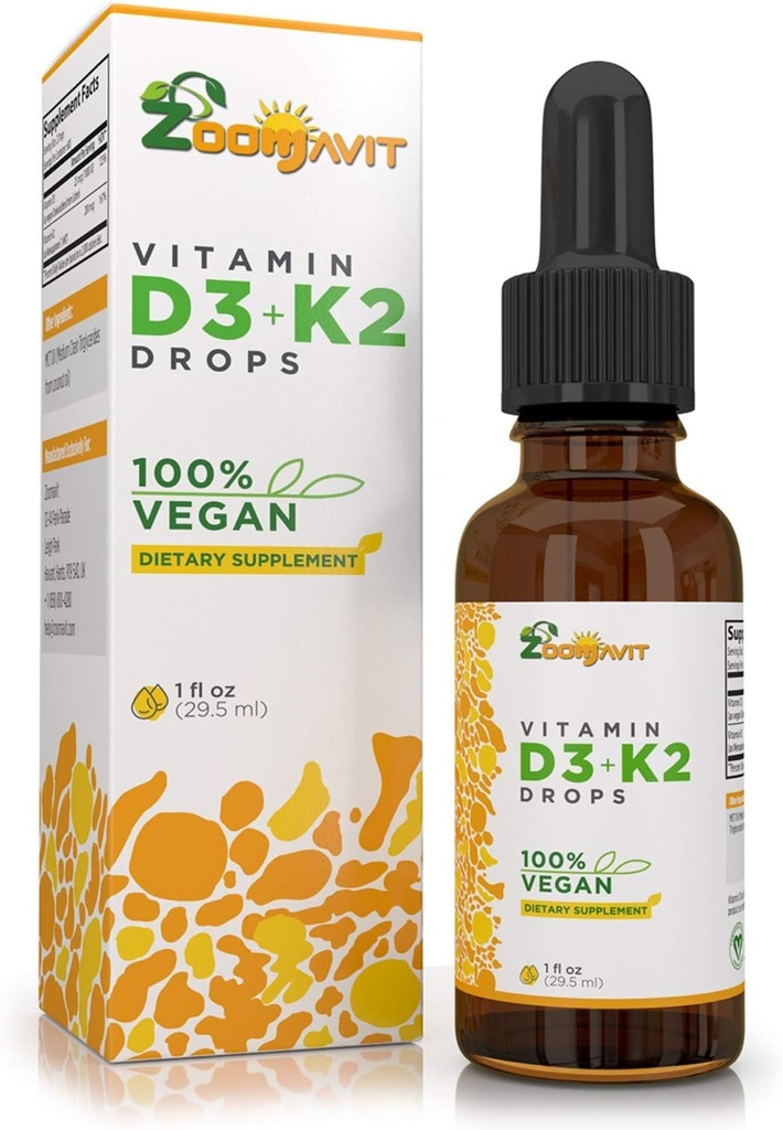 Bombas de líquido vegano Vitamina D3 K2 (MK7) - Vitamina líquida de base vegetal D mejorada con aceite de coco para absorción máxima - 1 Servición = 1000 UI VIT D3 y 200 mcg VIT K2