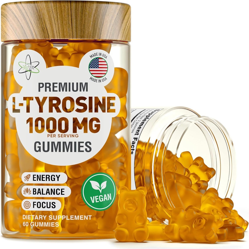 BioVit L Tyrosine Gummies - Activeted Amino Acid L Tyrosine Supplement - Natural Focus, Mood and Energy Supplement for Kids &amp; Adults - L-Tyrosine 1000MG per Serving, 500MG per Gummy - 60 Vegan Gummies