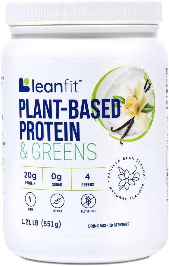 LeanFit Proteína de base vegetal &amp; Verdes Vainilla natural – 20g Proteína vegetal + 4 Verdes de hoja por ser – Vegan, Sin gluten, Libre de soja, Sin azúcar – 19 Servings, 1.21 Tubo de libra