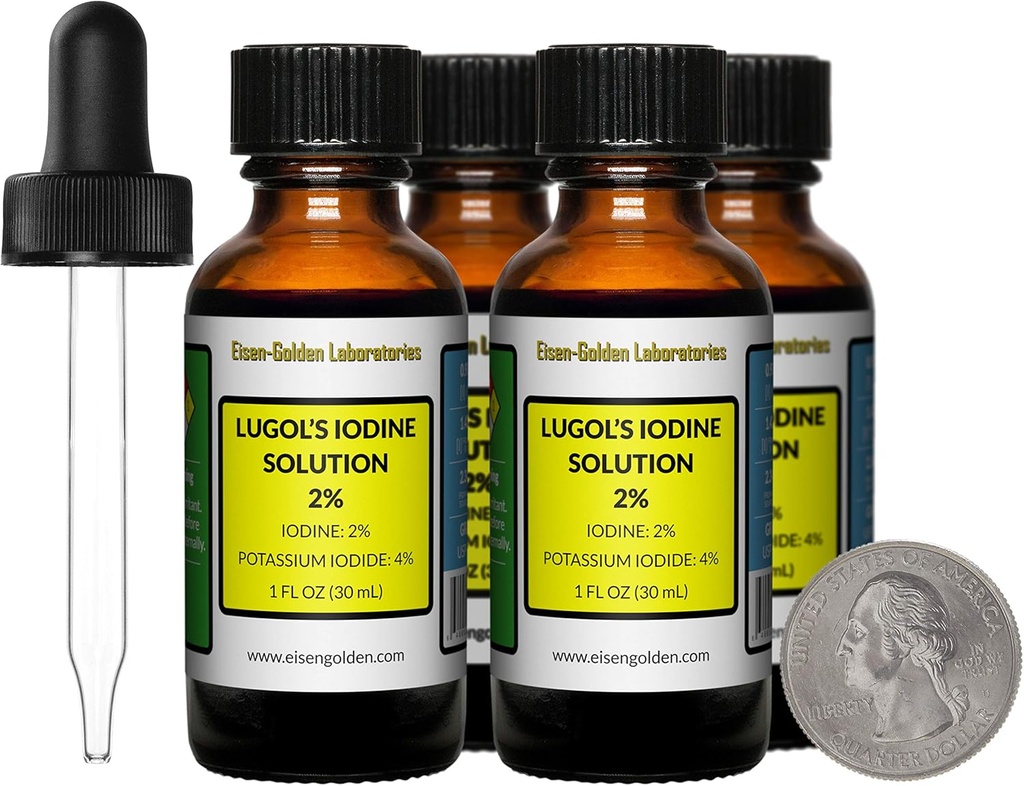 Lugol's Iodine / 2% Solución / 4 Oz en Four Amber Glass Bottles/Free Droppers/USA