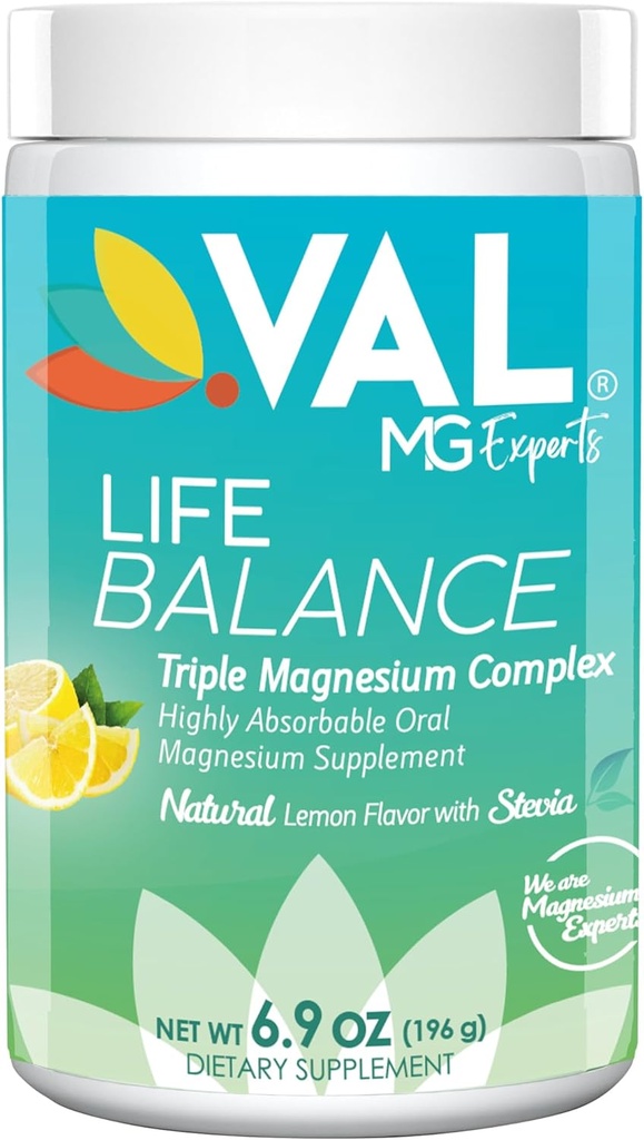 Pólvora Complejo de Magnesio VAL Triple: Citrato, Glycinate, Taurate – Bebida de Relajación Anti-Estres – Sabor de limón natural – Magnesio de 400 mg, Vitamina B6 – 6.9 Oz - 70 Servimientos (Pack de 1)