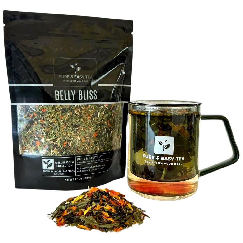 Té puro y fácil, Bliss del vientre, Alivio de Detox Natural &amp; Bloating, 100% Natural Leaf Slimming Blend con Yerba Mate, Hoja de Dandelion, Caffeinated, 30-Day Supply, 100g