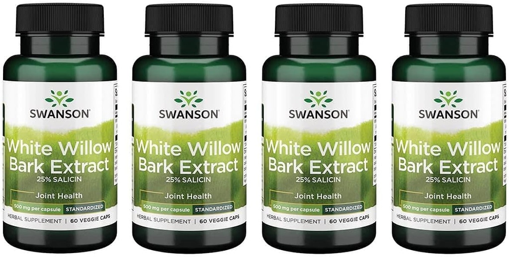 Swanson Maximum Strength White Willow Bark Extract-Promotes Joint Support & Muscle Relief-Standardized to 25% Salicin-Natural Supplement with No Stomach Irritation (60 Veggie Caps, 500mg Cada) 4 Pack