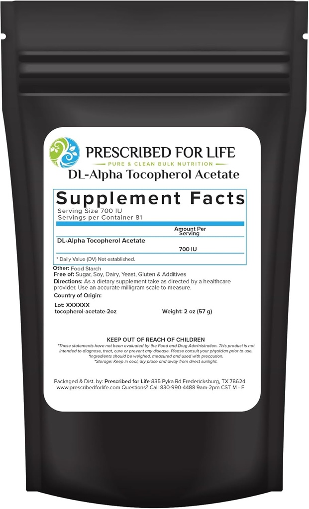 Prescrito para la vida Tocopherol Acetato Polvo, Agua Soluble Alfa Vitamina E, 700 UI gm Polvo, Vegan, Gluten Libre, No GMO (2oz / 56g)