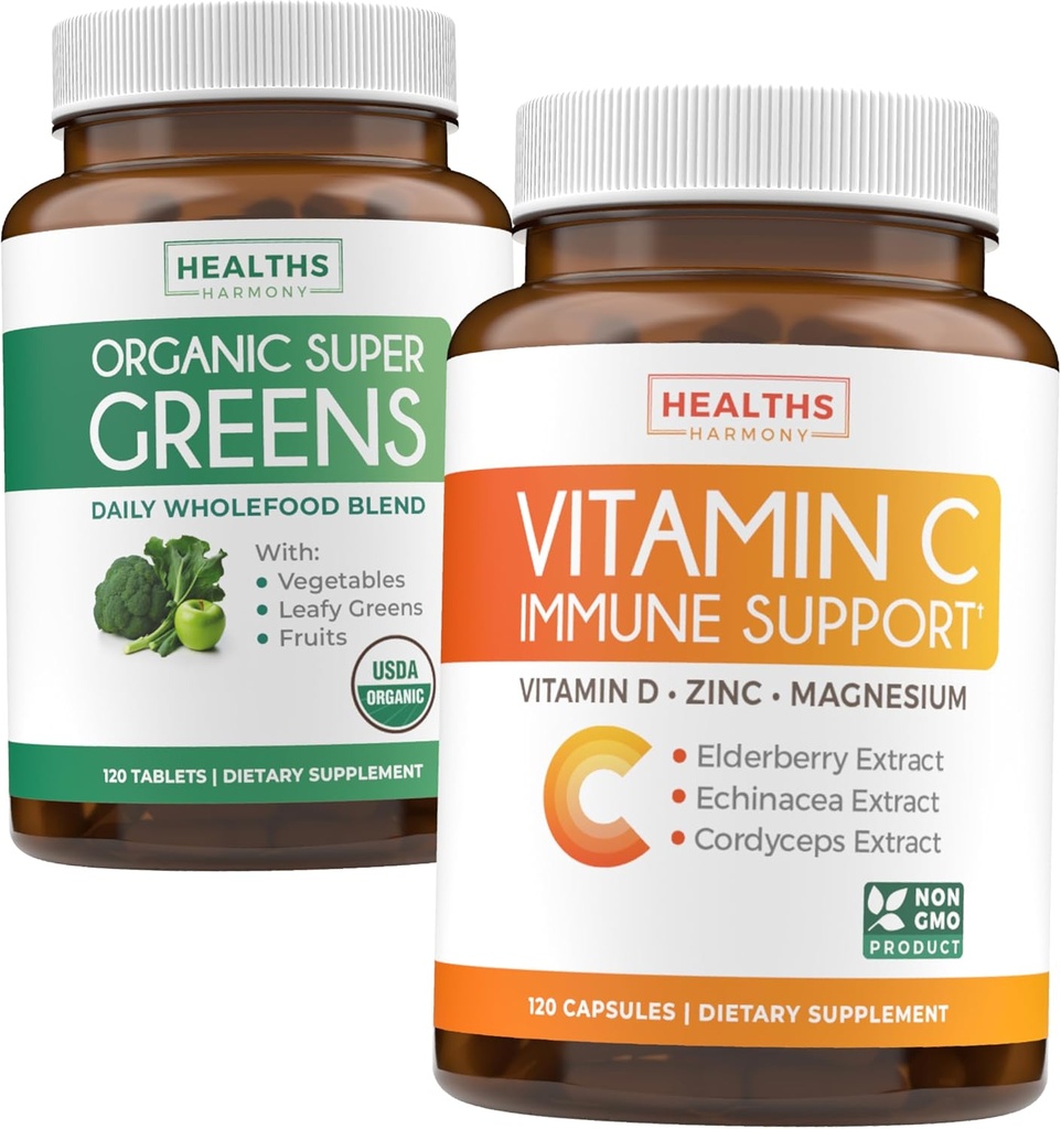 Super Greens &amp; Vitamina C (2-Month Supply) Super C Greens Bundle of Organic Super Greens Powder - Completo Superfood (120 cápsulas) " Vitamina C Immune Support (120 cápsulas vegetarianas)