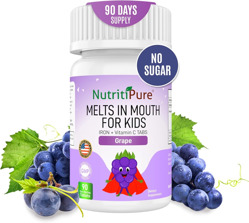 Suplemento de Hierro Chewable para niños, Hierro de Carbonilo Ferronyl® 9 mg, vitamina C 30 mg, sabor de uva, 90 tabletas (1 botella)