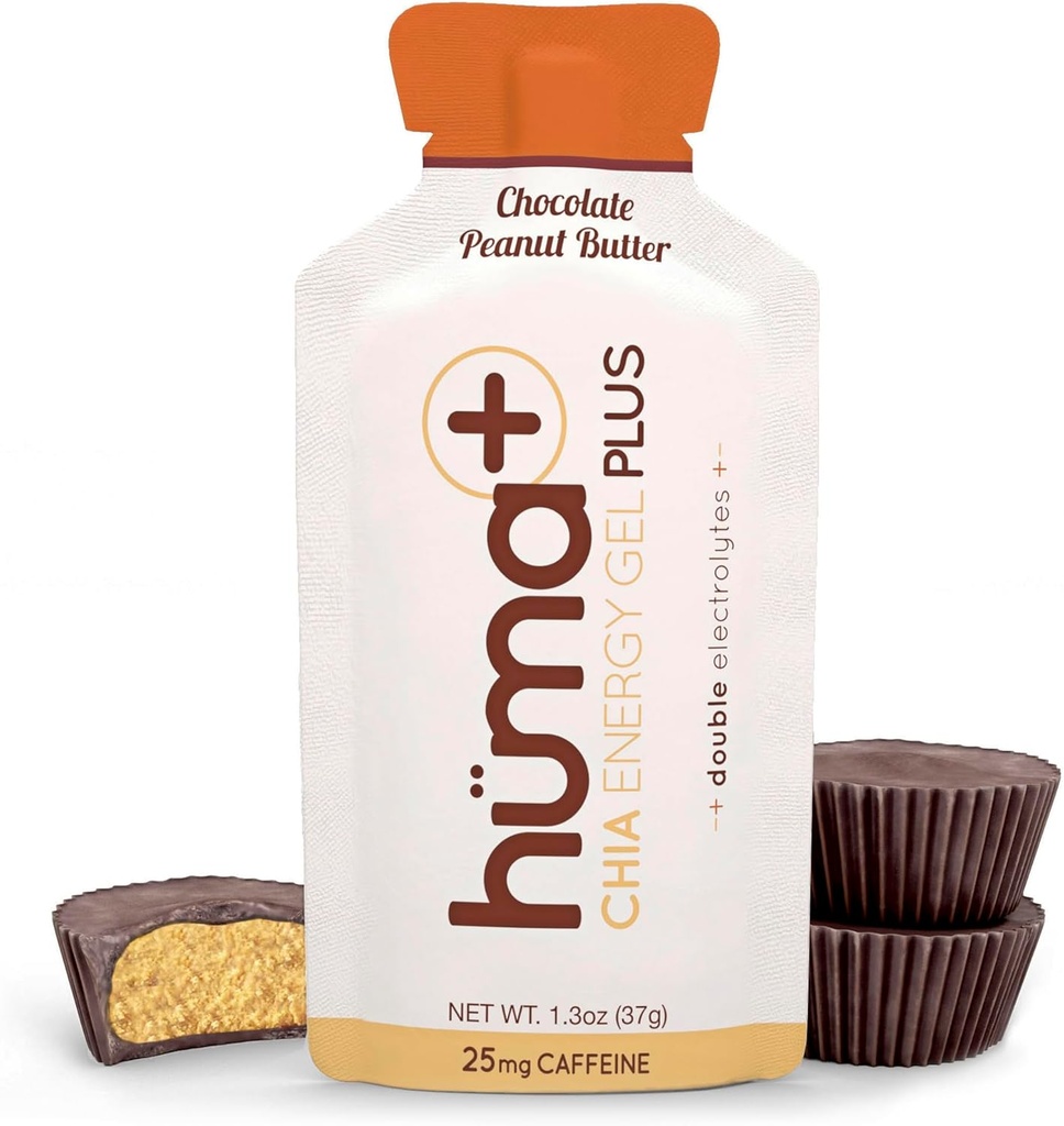 Huma Plus (Double Electrolytes) - Chia Energy Gel, Chocolate Peanut Butter, 24 Gels - Stomach Friendly, Real Food Energy Gels