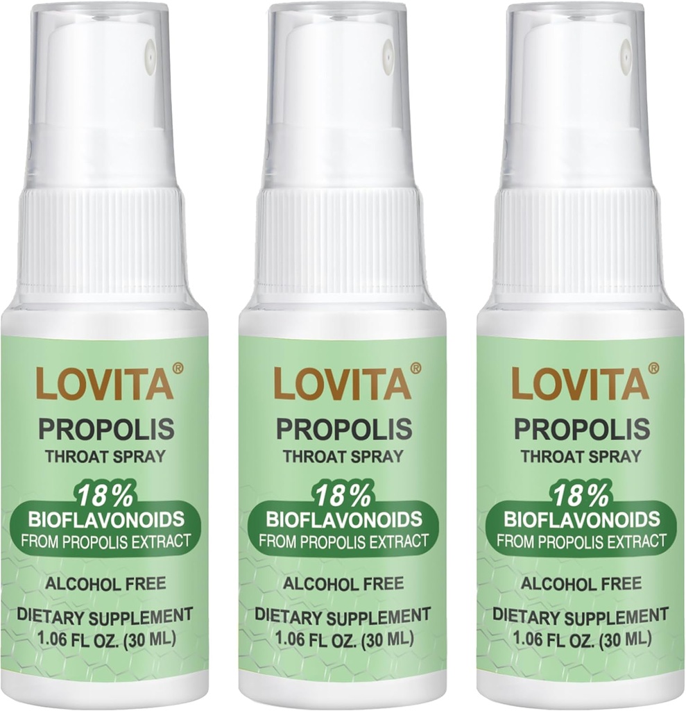 Lovita Propolis Throat Spray, Canadian Propolis Spray, High Potent 500 mg Propolis per ml with 9:1 High Concentrate, Natural Sore Throat Spray for Immune Support, Alcohol-Free, 1 Fl Oz (Pack of 3)