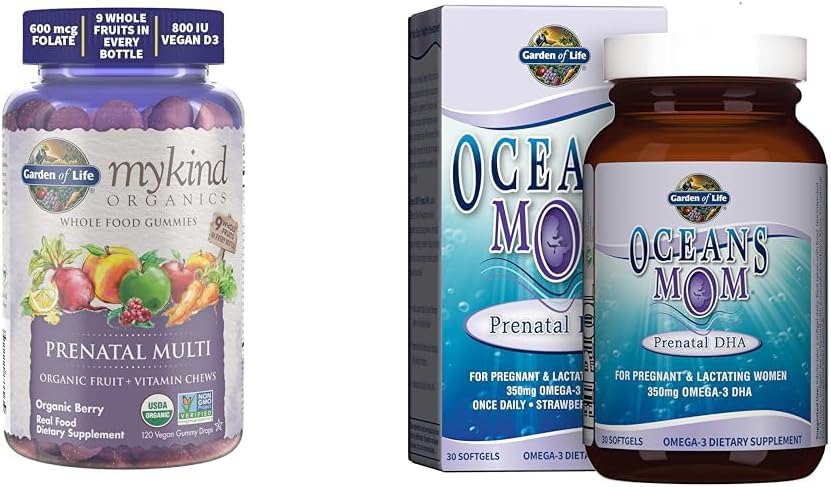 Jardín de Vida Orgánicas Gummies prenatales Multivitamínico con Vitamina D3, B6, B12 &amp; Oceans Mom Prenatal Fish Oil DHA, Omega 3 Fish Oil Supplement - Strawberry, 350m
