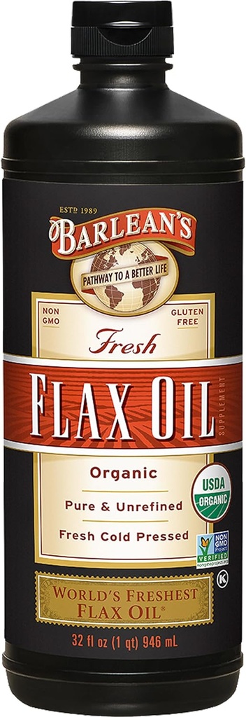 Barlean's Organic Flaxseed Oil Liquid, Cold Press Flax Seeds, 7,640mg ALA Omega 3 Fatty Acid Supplement for Joint and Heart Health & Healthy Digestion, 32 oz