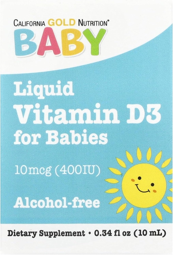 California Gold Nutrition Baby Vitamin D3 Liquid D3 Supplement for Babies, Vegetarian Friendly - Developmental Support - Alcohol &amp; Gluten Free, Non-GMO - 10 mcg (400 UI) - 0.34 fl oz (10 ml)