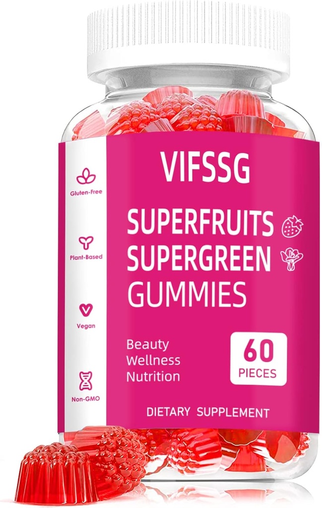Suplemento de frutas y verduras - Frutas y verduras Gummies (60 gummies), 16 superfrutos " 15 verduras, frutas " hierbas, frutas y verduras, no transgénicos, pictonas, sin gluten, sin más cápsulas