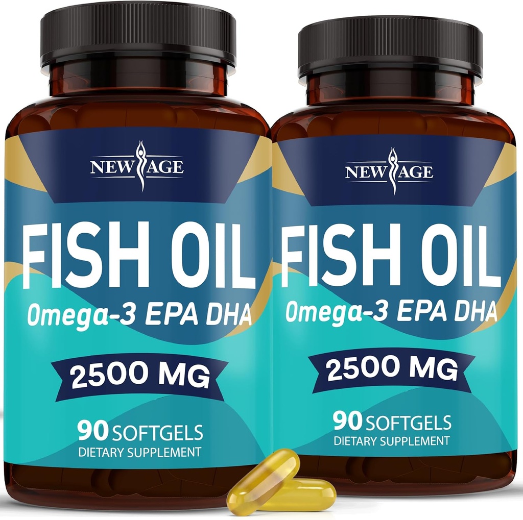 NEW AGE Omega 3 Fish Oil 2500mg Suplemento No GMO - EPA, DHA Fatty Acids Gluten Free (180 Softgels (Pack of 2))