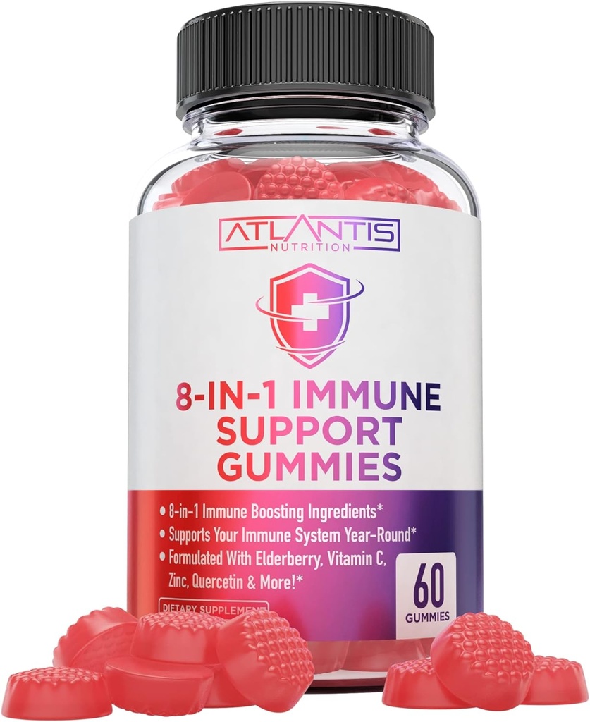 Atlantis Nutrición 8-en-1 Immune Soporte Gummies with Elderberry  durable Suplemento de Immune con Elderberry, Quercetina, Zinc, Vitamina C - Boosters de inmunidad para adultos &amp; niños - Delicious Flavor - 60 Condes