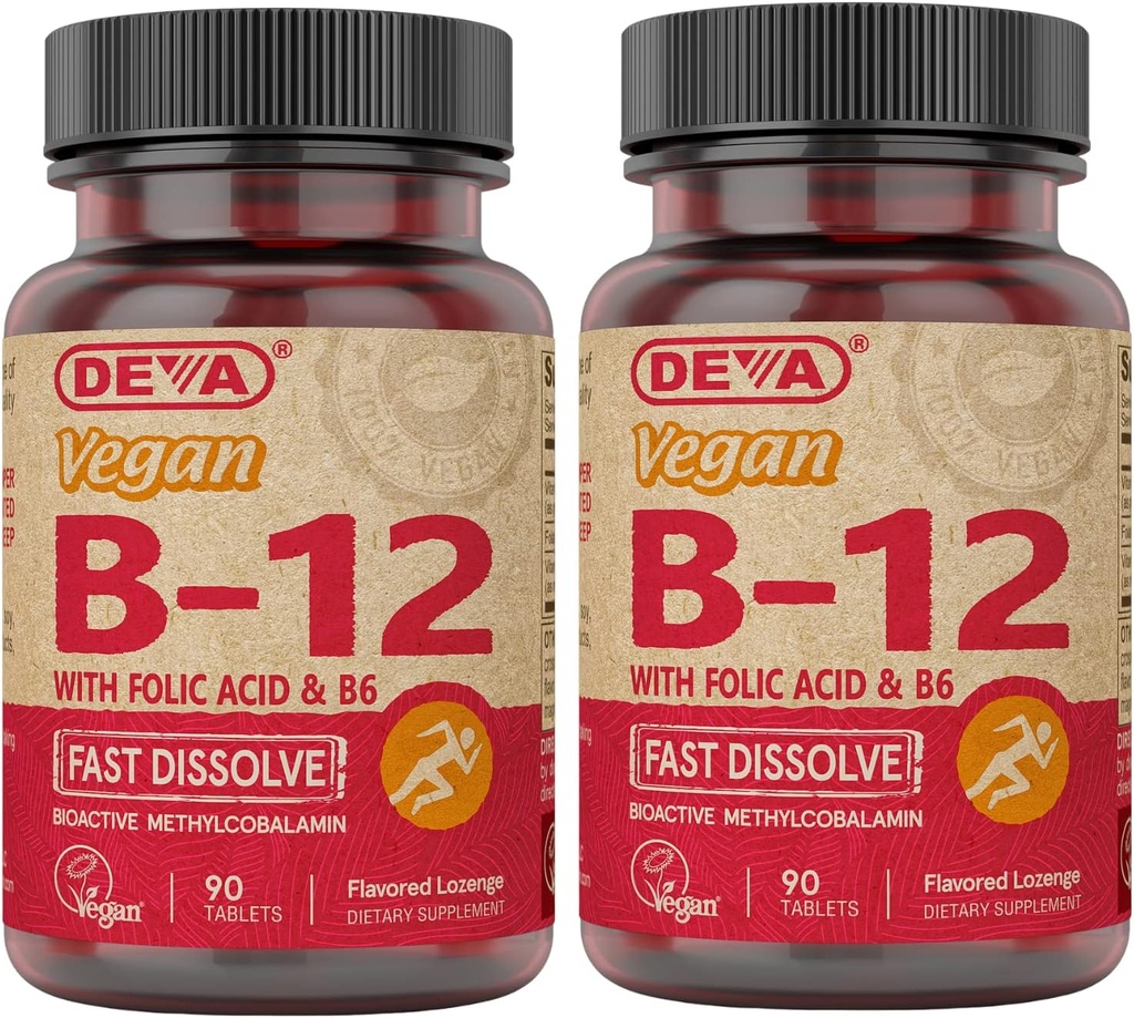 DEVA Vegan Vitamina B12 Fast Dissolve Supplement - Once-Per-Day Complex with 1000 Mcg Methylcobalamin B12, Folic Acid, B6 - Lemon Flavor - 90 Dissolvable Tablets, 2-Pack