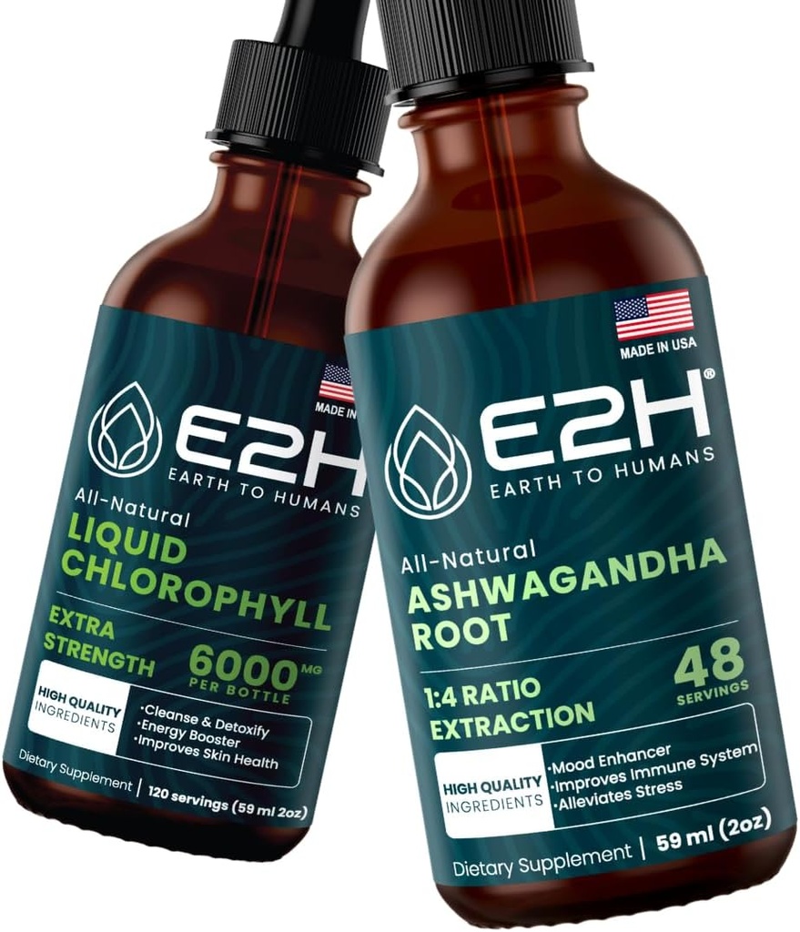 E2H: Liquid Chlorophyll and Ashwagandha Liquid Drops | Vegan, Non-GMO - 2 Fl Oz Each (4 Fl Oz Total) - Bundle