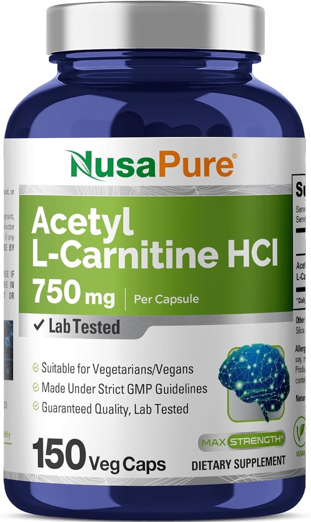 NusaPure Acetyl L-Carnitine 750mg por Caps 150 Veggie Capsules (No-GMO, Vegan) High Potency Acetyl L Carnitine HCL (ALCAR)