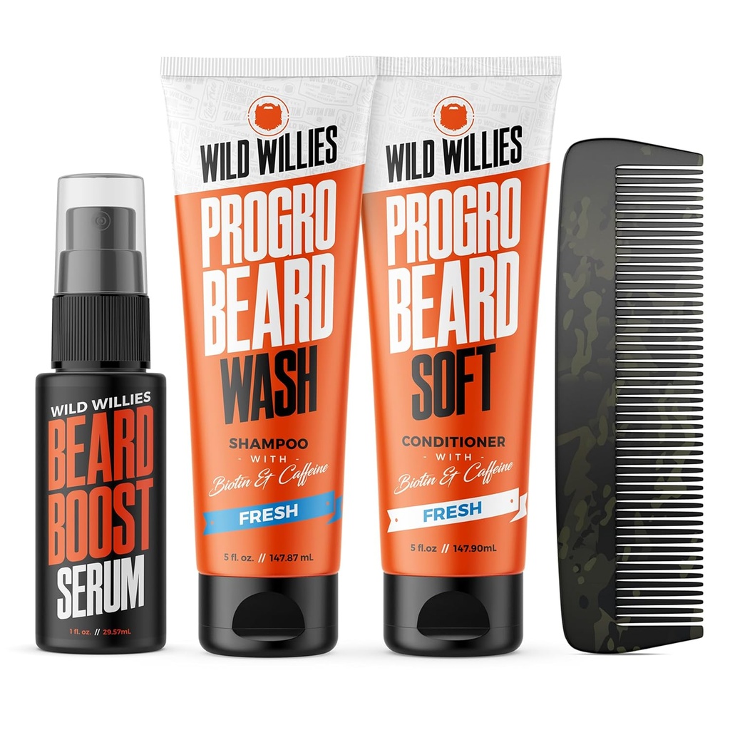 Kit de cuidado de barbas silvestres, champú fortificado de biotina y acondicionador con cafeína, dos botellas de 4 oz, promueve el crecimiento saludable de la barba