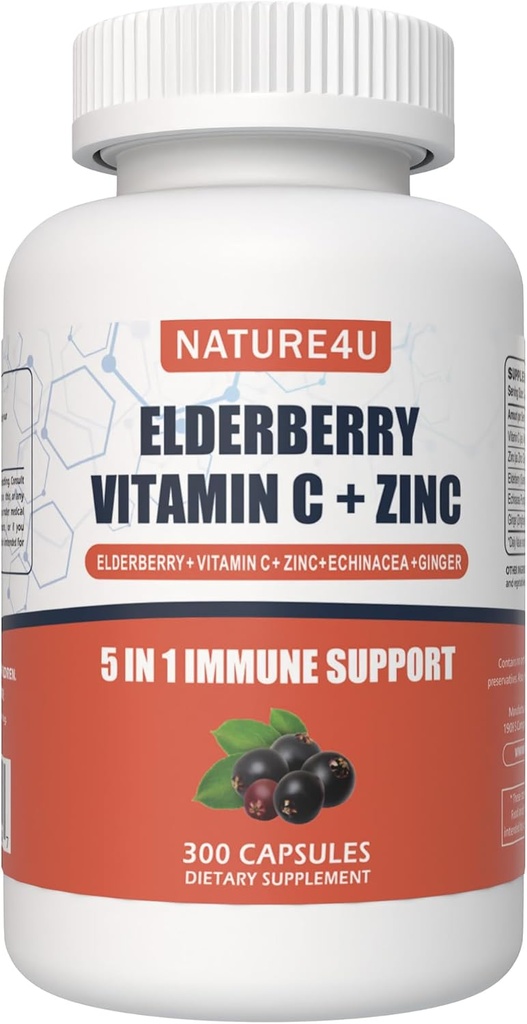 5 en 1 Suplemento de Apoyo a la Inmuna de Elderberry, Boosters diarios para adultos Antioxidantes Suplemento, Elderberry 1000 mg, Vitamina C, Zinc, Echinacea, Ginger, 300 cápsulas Vegan - 5 meses