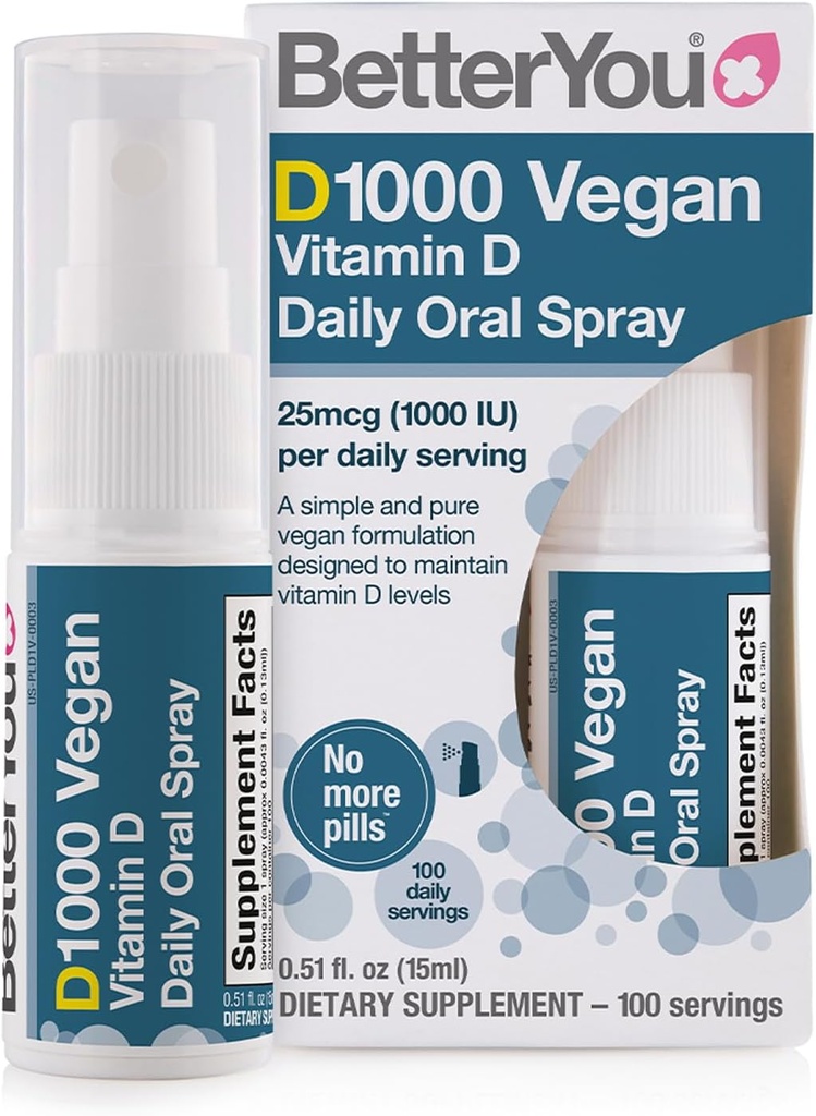 BetterYou D1000 Vegan Vitamina D Oral Spray - Ideal Alternativa para Tabletas - Plant-Origin - Promueve Huesos fuertes, dientes y sistema inmunológico - Ayuda en la absorción de calcio - 100 dosis diarias - 0,5 oz