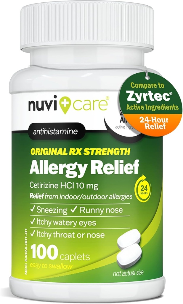 Medicina de las 24 horas de la alergia - Hidrocloruro de Cetirizine 10mg Tablets - Comparación con el Ingrediente Activo en Meds Antihistamínicos Zyrtec - Píldoras de Alergia Genérica para Alivio de Alergia de Todos los Días (100 Conde)