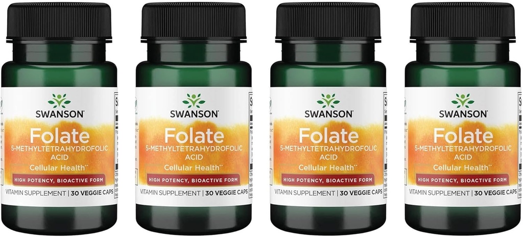 Swanson Folate 5-Methyltetrahidrofolic Acid - High Potency, Bioactive Form 800 mcg Dfe 30 Veg Caps (4 Pack)