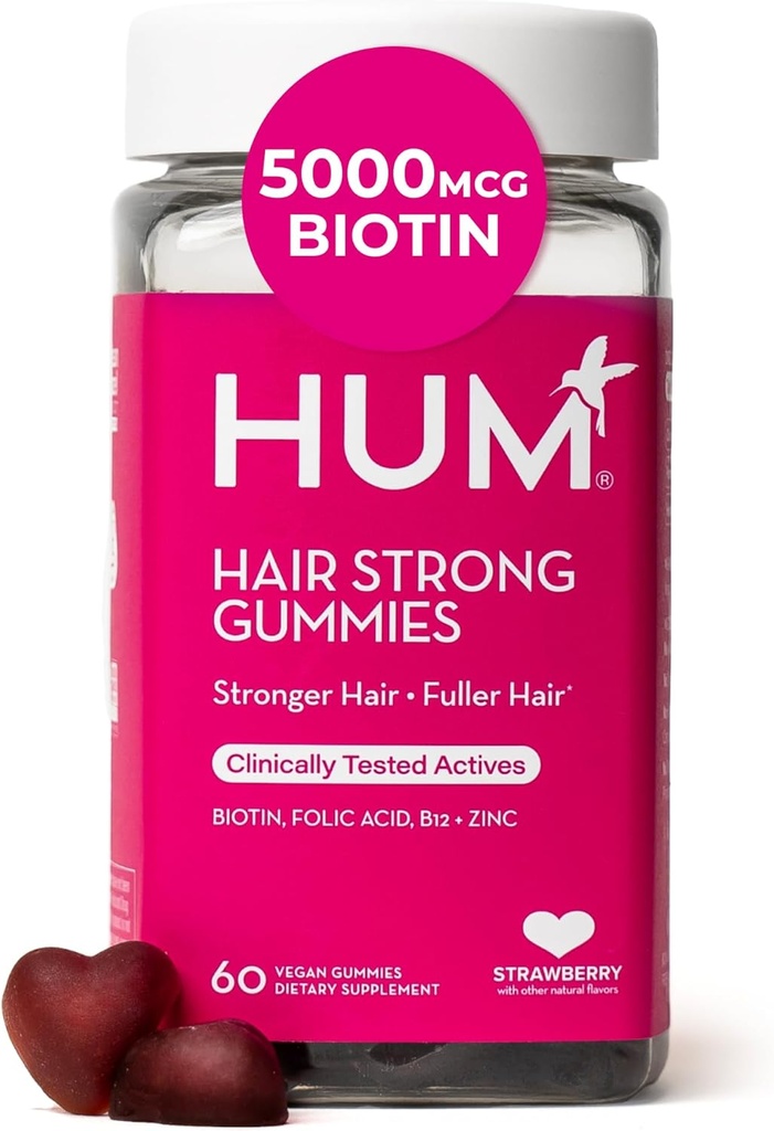 HUM Hair Strong Daily Hair Growth Gummies with Biotin, Zinc, Vitamina B12 para apoyar el crecimiento, ácido fólico &amp; vitamina B12 Gummy Vitaminas para el cuidado del cabello saludable para mujeres y hombres, 60 Gummies