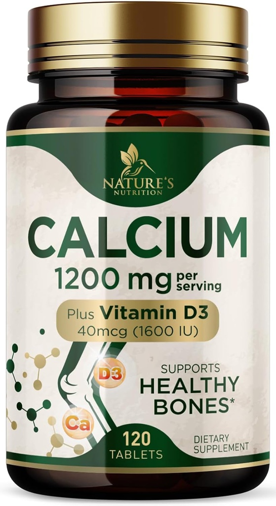 Calcio 1200 mg con vitamina D3 - Suplemento de salud ósea, vitamina D &amp; suplementos de calcio para hombres de mujer - fuerza ósea, dientes &amp; soporte inmunológico, píldoras de calcio de la naturaleza, embotellado en EE.UU. - 120 Tabletas