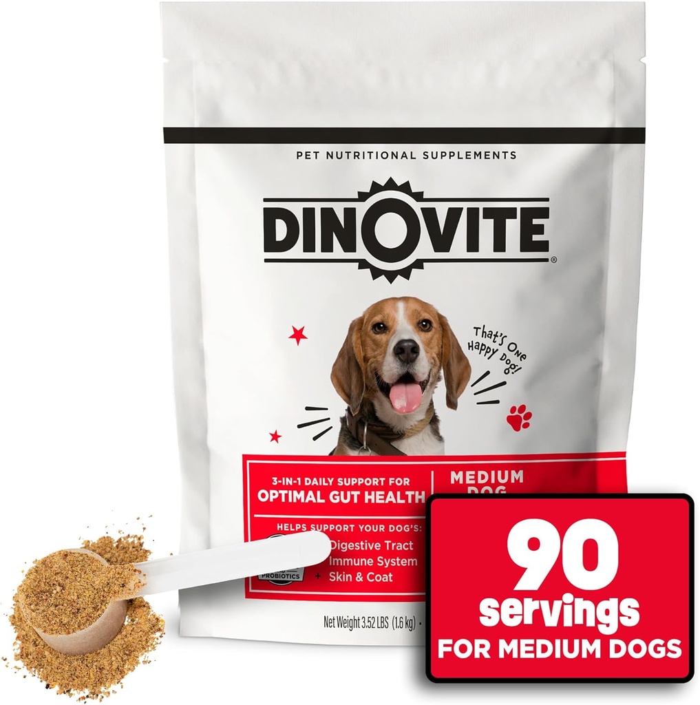 Dinovite 3 en 1 Probiótico para perros medianos, piel " Cuna " , Salud Digestiva " , Toppers de alimentos para perros, Apoyo inmunitario, Alivio de alergia " Cuidado de la piel de Itch, 90 Actuaciones (18-45lb)