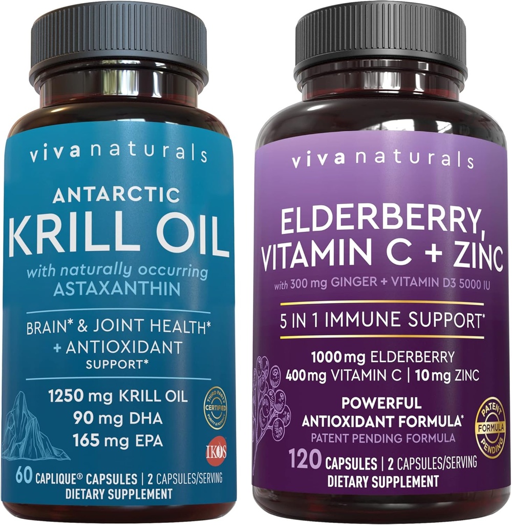 Viva Naturals Antarctic Krill Oil and Elderberry, Vitamin C, Zinc and Vitamin D3 5000 IU Bundle, 1250 mg of Krill Oil Providing Omega 3 EPA and DHA for Joint Health, Elderberry for Immune Support