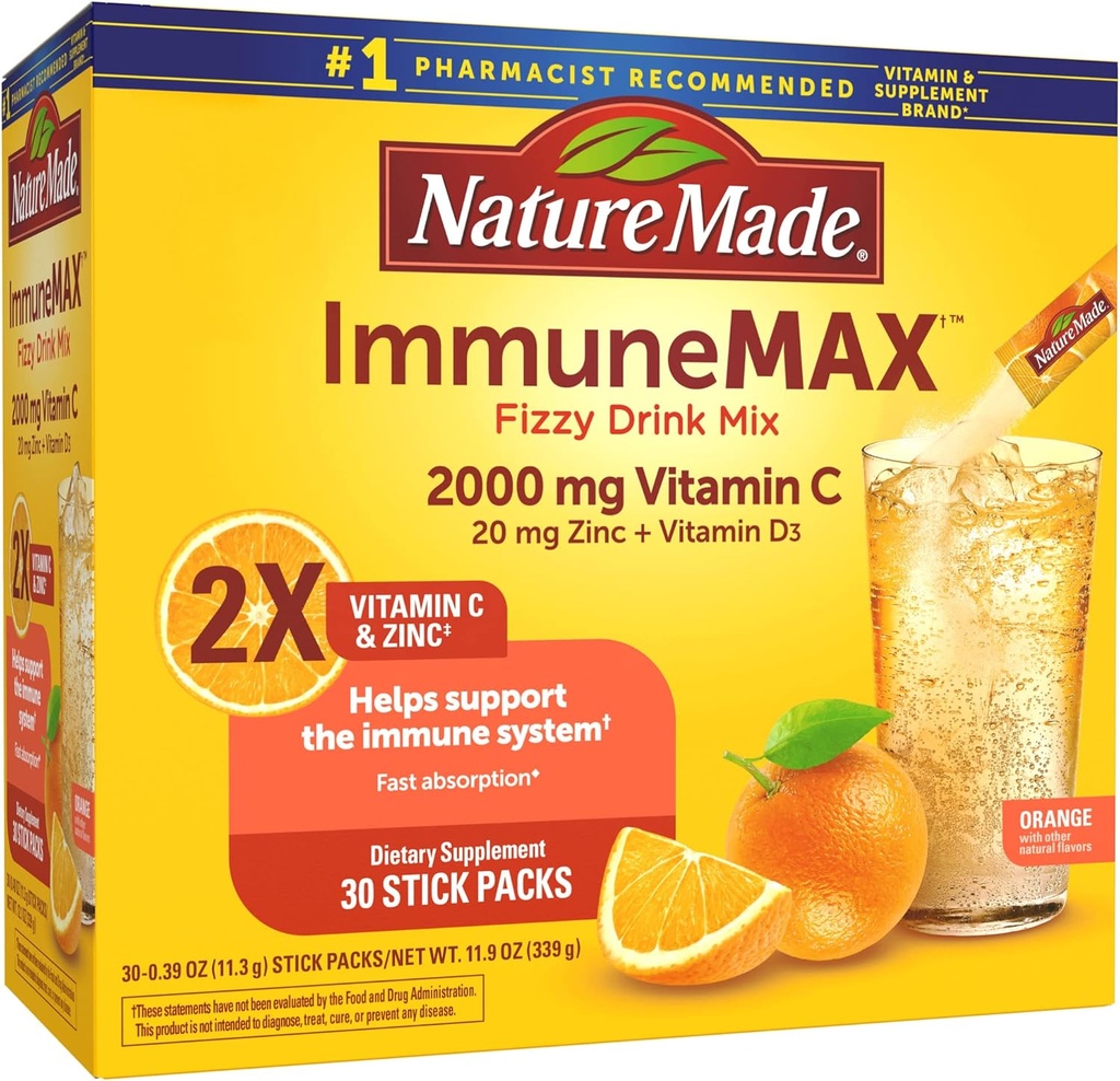 Nature Made ImmuneMAX Fizzy Drink Mix, con Vitamina C, Vitamina D y Zinc Suplemento para Immune Support, Fast Absorption, 30 Stick Packs, 0.4 Ounce